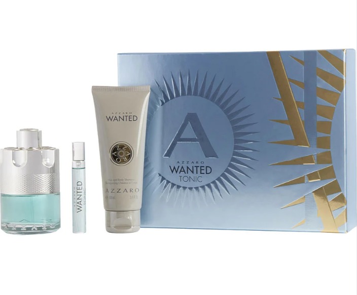Azzaro Men's Wanted Tonic 3-Piece Gift Set: 3.4 oz EDT Spray, 0.2 oz EDT Spray, and 3.4 oz Hair & Body Shampoo (Hard Box).