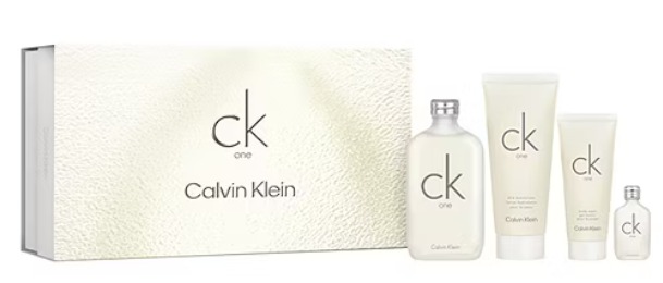 Calvin Klein CK One 4-Piece Set: 6.7 oz EDT, 6.7 oz Body Lotion, 3.3 oz Shower Gel, and 0.5 Oz Mini