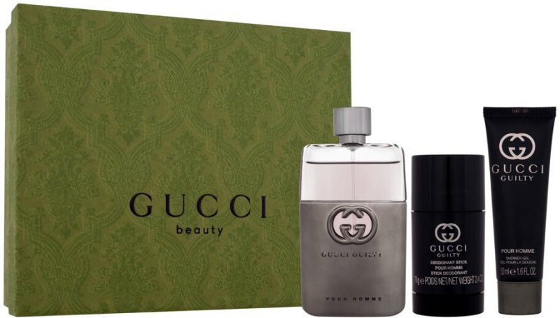 Gucci Guilty Pour Homme 3-Piece Set: 3 oz EDT Spray, 1.7 oz Shower Gel, and 2.5 oz Deodorant Stick. 