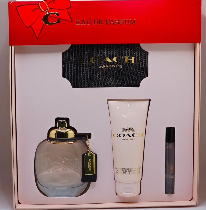 Coach Ladies Gift Set for Women: 4 Pieces - 3.04 oz EDP, 3.38 oz Body Lotion, 0.25 oz Mini EDP + Pouch