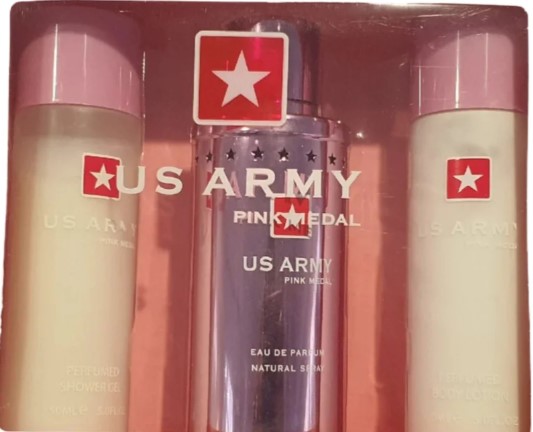 US Army Pink 3-Piece Gift Set for Women: EDT 3.4 oz, Body Lotion 3.4 oz, and Shower Gel 3.4 oz. 