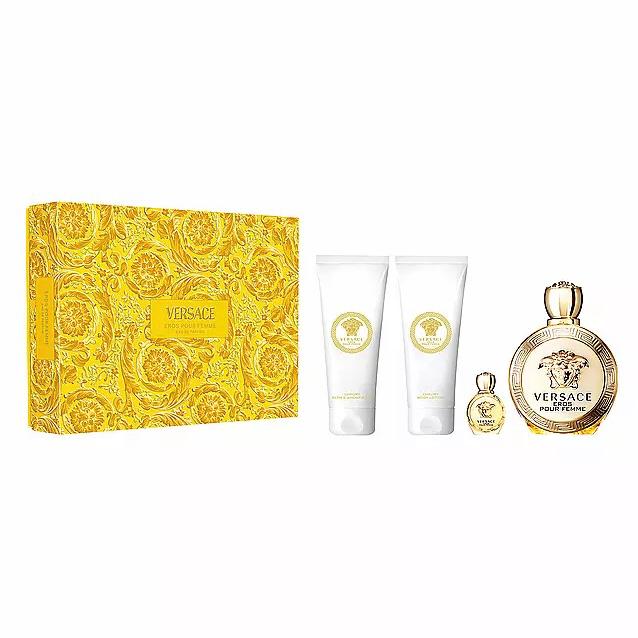 Versace Eros Pour Femme 4 PC  3.4 oz EDP SP with Luxury Bath Shower Gel, 3.4 oz Luxury Body Lotion & 0.17 oz EDP Mini Spray