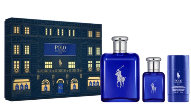 Ralph Lauren Polo Blue for Men 3-Piece Gift Set – EDT Spray 4.2 Oz, EDT Spray 1.36 Oz, and Deodorant Stick. 