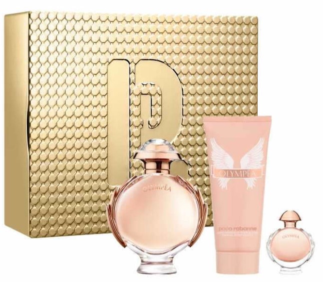 Paco Rabanne Ladies Olympea Gift Set – 3 Pieces: 2.7 oz EDP Spray, 0.2 oz EDP Mini, and 3.4 oz Sensual Body Lotion