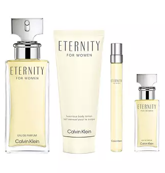Calvin Klein Eternity 4-Piece Gift Set for Women – 3.3 oz EDP, 0.33 oz EDP, 0.5 oz EDP, 3.4 oz Body Lotion 