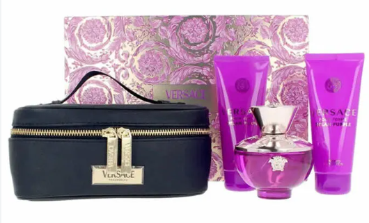 Versace Pour Femme Dylan Purple 4-Piece Gift Set for Women – 3.3 oz EDP Spray, 3.4 oz Body Lotion, 3.4 oz Shower Gel, Beauty Case Hard Box 