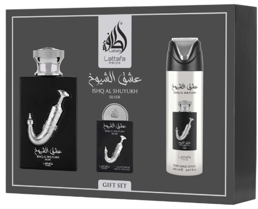 Lattafa Ishq Al Shuyukh Silver 3 Pcs Set 3.4 Oz Edp Spray + 0.65 Oz Edp + 6.67 Oz Perfumed Spray Men