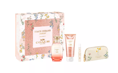 Coach Dreams Sunset 4-Piece Gift Set for Women – 3.0 oz EDP Spray, 0.25 oz EDP Spray, 3.4 oz Body Lotion + Pouch