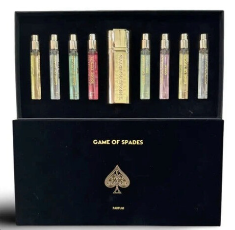Jo Milano Game Of Spades Parfum 9 Pcs x 0.34 Oz Set Coffret II (Black)-(King/Rouge Extrait/Queen/Wildcard/Royale/Jackpot/Win/Bid/Platinum)