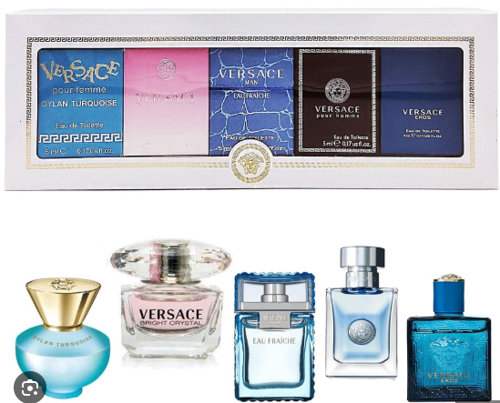 Versace 5 Pcs Set (Eros 0.17 Oz Edt Men + Pour Homme 0.17 Oz Edt Men + Eau Fraiche 0.17 Oz Edt Men + Bright Crystal 0.17 Oz Edt Women + Dylan Turquoise 0.17 Oz Edt Women) 