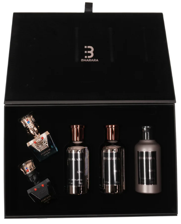 BHARARA KING 5 Pc Men's : 3.4 EDP Spray + 6.7 OZ BODY LOTION+ 3.4 AFTER SHAVE + .34oz Pharaoh Ramesses I & Ramesses II