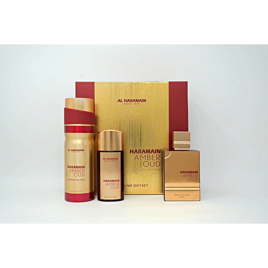 Al Haramain | Amber Oud Ruby Edition 3PC SET | 75ml Perfume, 30ml Travel Size & 200ml Deodorant Spray