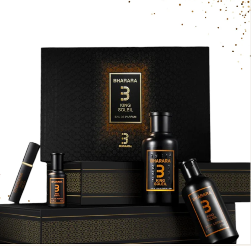 Bharara King Soleil 4pc Gift Set 3.4 Oz EDP + 3.4 Spray A/S +BL + SG  