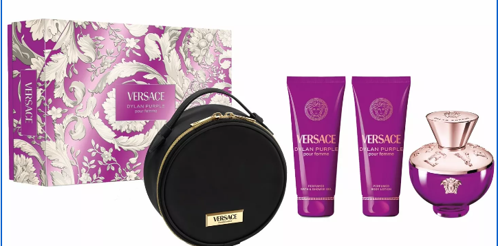 Versace Dylan Purple 4-Piece Gift Set for Women – 3.4 oz EDT Spray, 3.4 oz Body Lotion, 3.4 oz Shower Gel, 0.17 oz Mini  