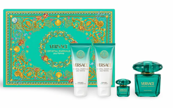 Versace  Crystal Emerald  4-Piece Gift Set for Women – 3.4 oz EDP Spray, 3.4 oz Body Lotion, 3.4 oz Shower Gel, 0.17 oz Mini  