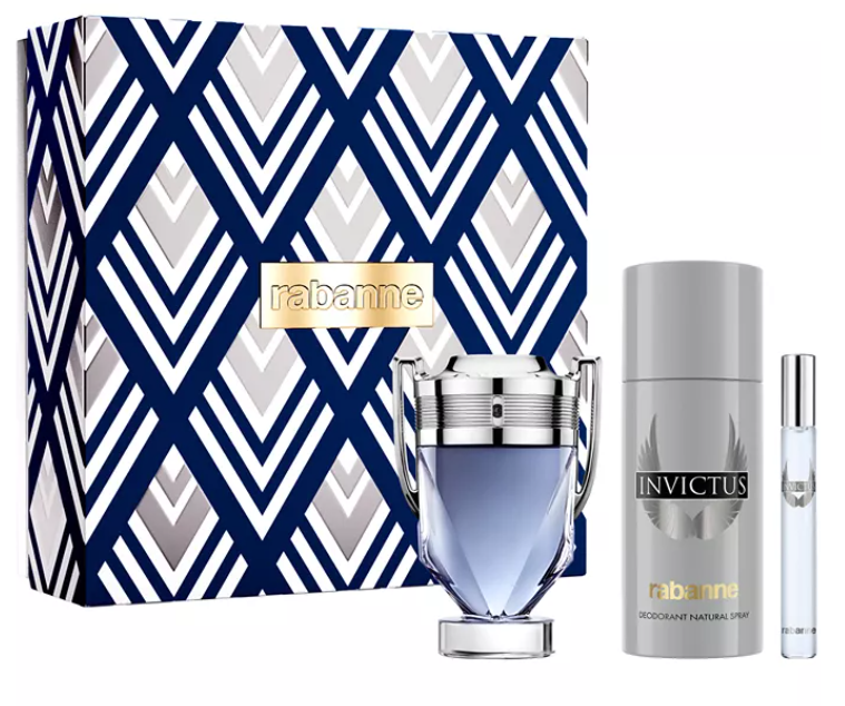 Paco Rabanne Invictus 3-Piece Gift Set for Men – 3.4 oz EDT Spray, 5.0 oz Deodorant Spray, 0.33 oz Travel Spray  