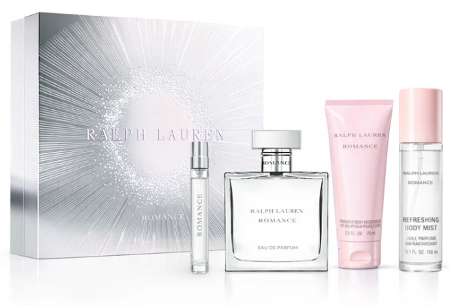 Ralph Lauren Romance For Women 4-Pic Gift Set EDP Spray 3.4 Oz + 0.34 OZ Mini + B/G 2.5 OZ + B/M 5.1 Oz