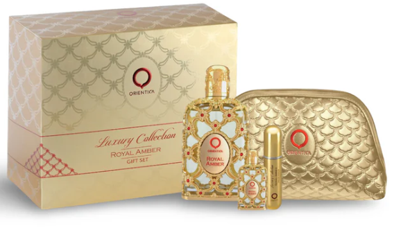 Orientica Royal Amber 4-Pic Gift Set Unisex EDP Spray 2.7 Oz + 7.5 Oz Mini + Atomizer + bag  