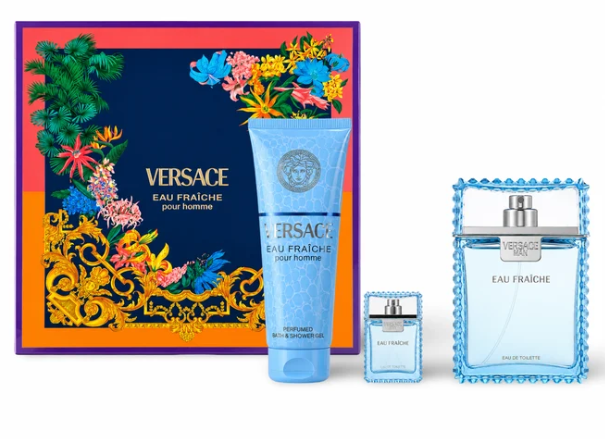 Versace Man Eau Fraiche Gift Set – 3 Pieces: 3.3oz EDT Spray, 0.17oz EDT Spray, 5 Oz Shower Gel 